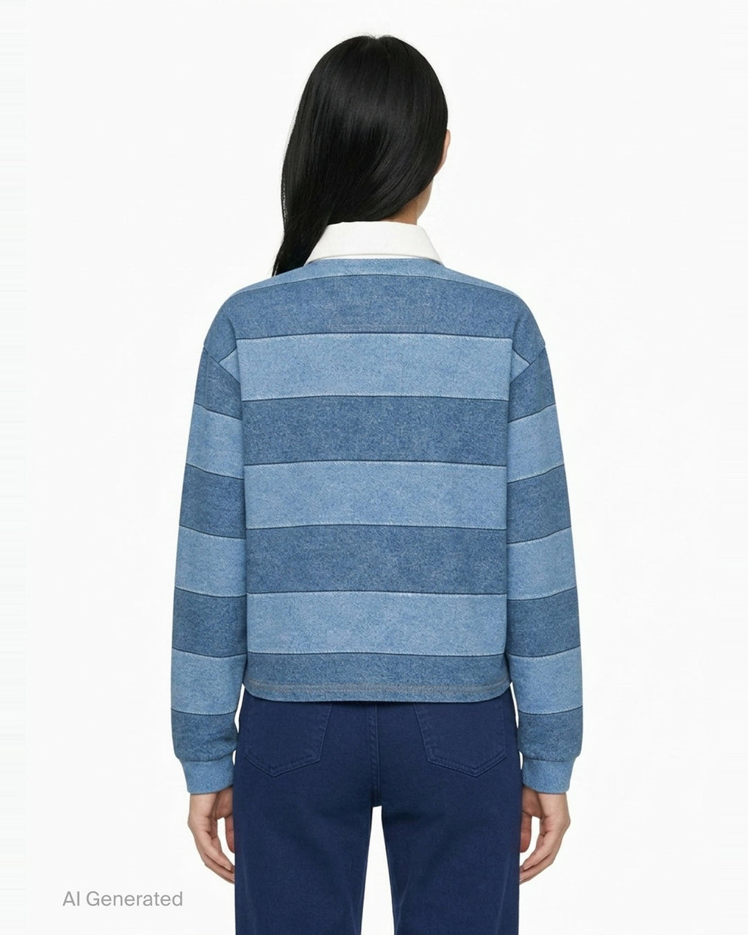 rag & bone Miramar Cropped Rugby Polo in tonal blue denim stripe with cream contrast collar, button placket, and ribbed cuffs - back