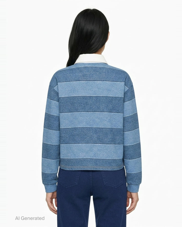rag & bone Miramar Cropped Rugby Polo in tonal blue denim stripe with cream contrast collar, button placket, and ribbed cuffs - back