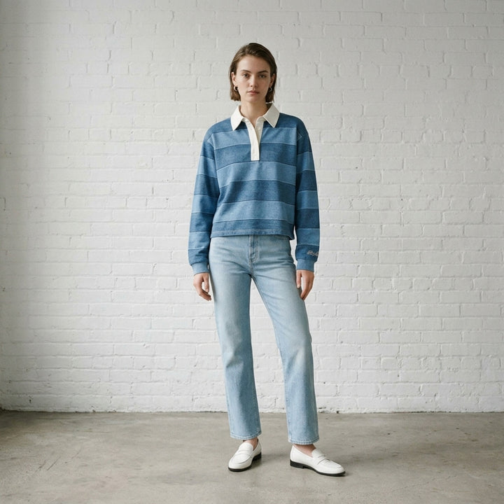 rag & bone Miramar Cropped Rugby Polo in tonal blue denim stripe with cream contrast collar, button placket, and ribbed cuffs - lifestyle