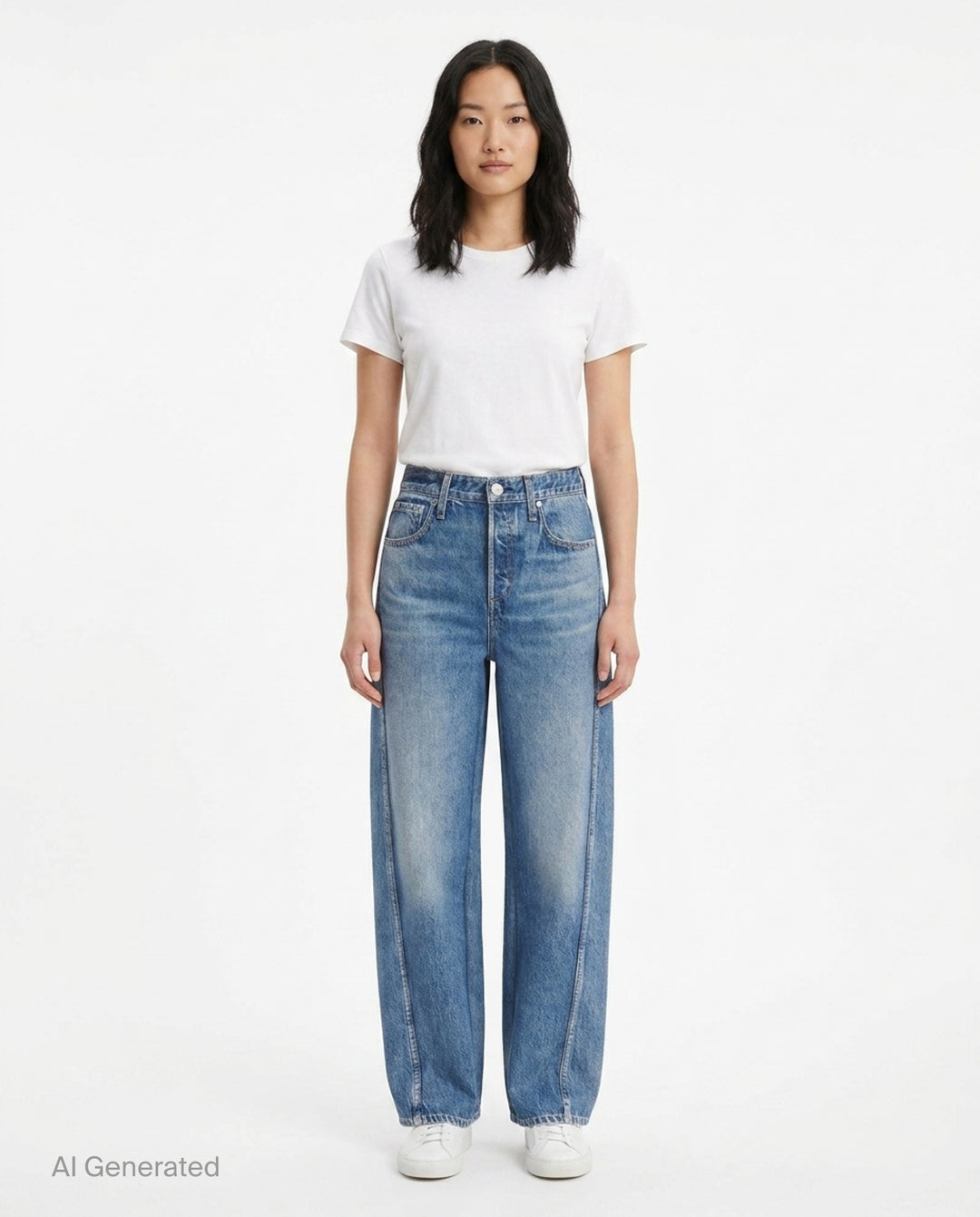 rag & bone Miramar High Rise Barrel Jeans in medium blue wash, featuring a relaxed curved silhouette, five-pocket construction, and clean-cut hem, shown flat on a white background - front