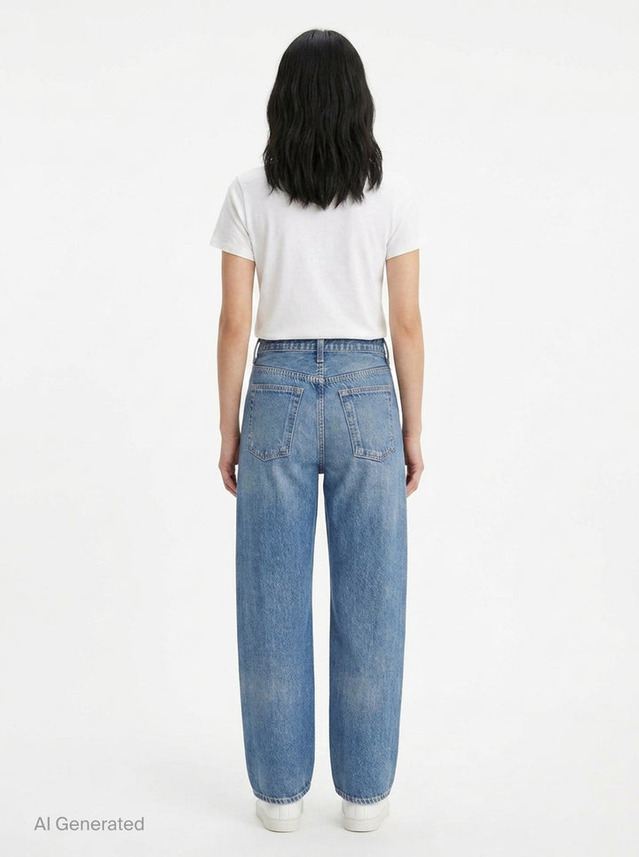 rag & bone Miramar High Rise Barrel Jeans in medium blue wash, featuring a relaxed curved silhouette, five-pocket construction, and clean-cut hem, shown flat on a white background - back