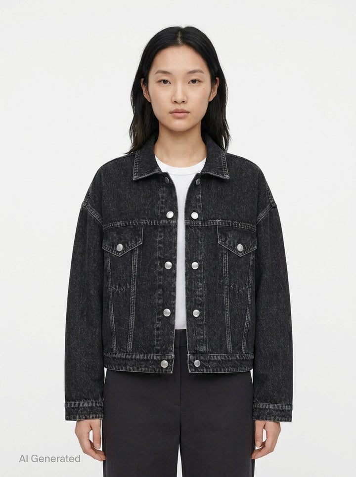 rag & bone Miramar Mallow Trucker Jacket in washed black denim with silver snap buttons, twin chest pockets, and contrast topstitching, shown flat on a white background - front