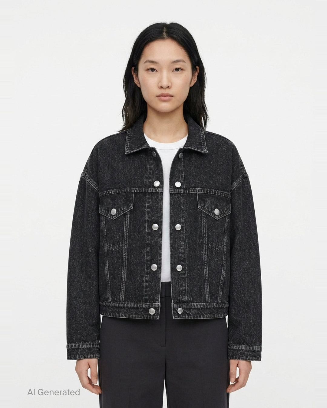 rag & bone Miramar Mallow Trucker Jacket in washed black denim with silver snap buttons, twin chest pockets, and contrast topstitching, shown flat on a white background - front