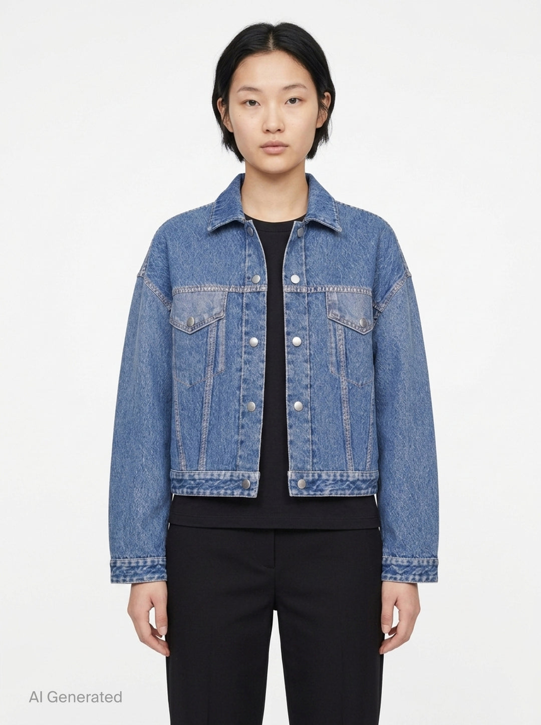 rag & bone Miramar Mallow Trucker Jacket in washed black denim with silver snap buttons, twin chest pockets, and contrast topstitching, shown flat on a white background - front