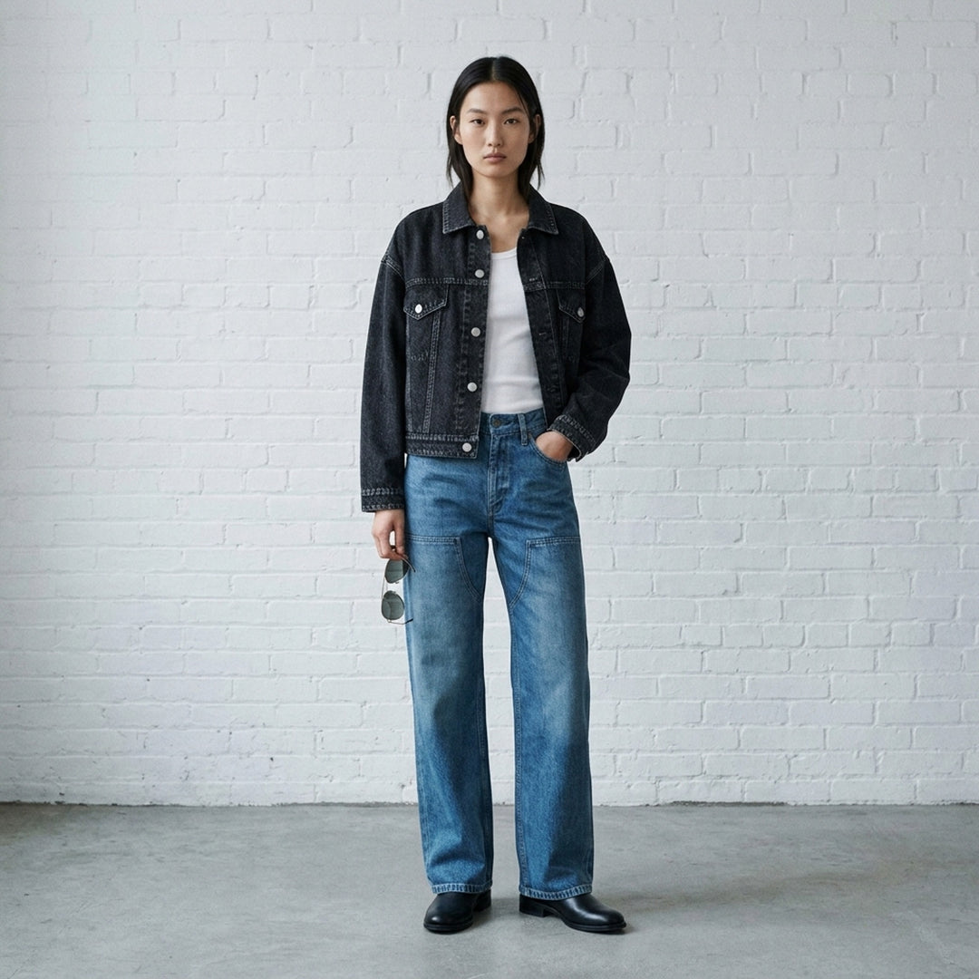 rag & bone Miramar Mallow Trucker Jacket in washed black denim with silver snap buttons, twin chest pockets, and contrast topstitching, shown flat on a white background - lifestyle