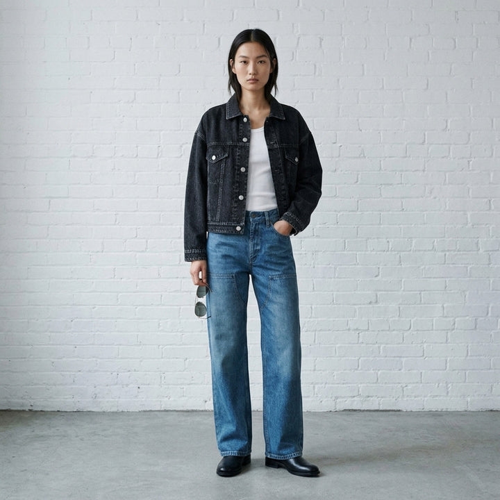 rag & bone Miramar Mallow Trucker Jacket in washed black denim with silver snap buttons, twin chest pockets, and contrast topstitching, shown flat on a white background - lifestyle