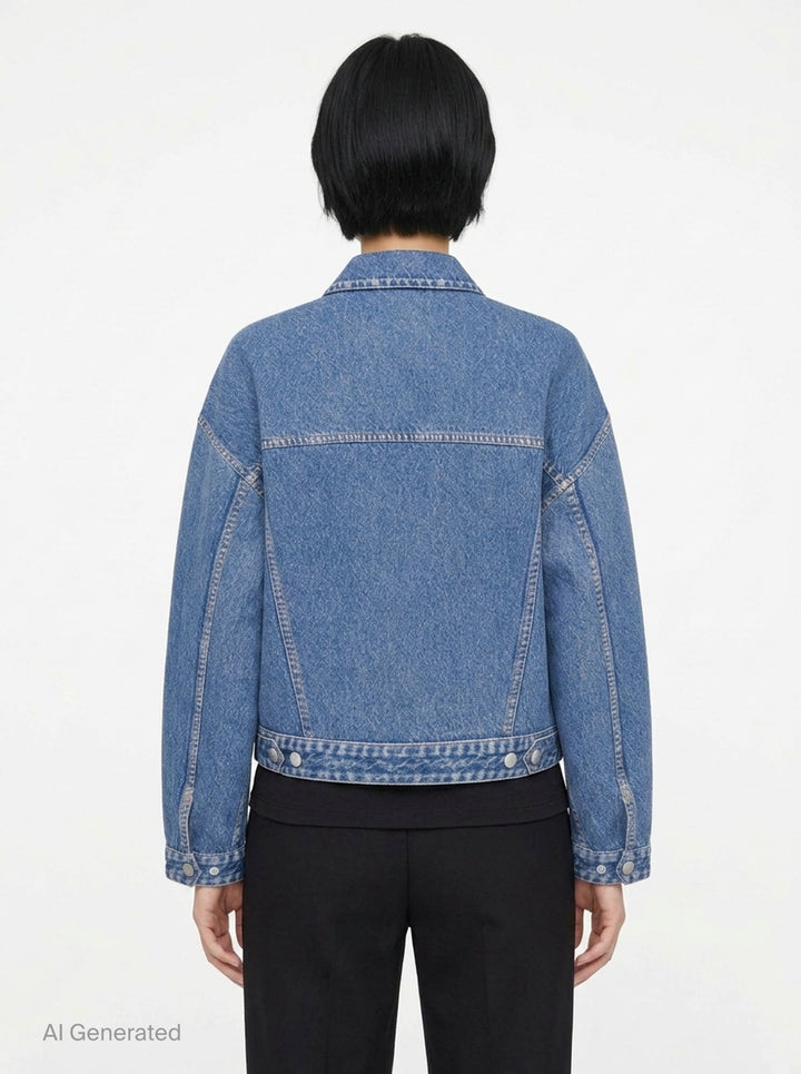 rag & bone Miramar Mallow Trucker Jacket in washed black denim with silver snap buttons, twin chest pockets, and contrast topstitching, shown flat on a white background - back