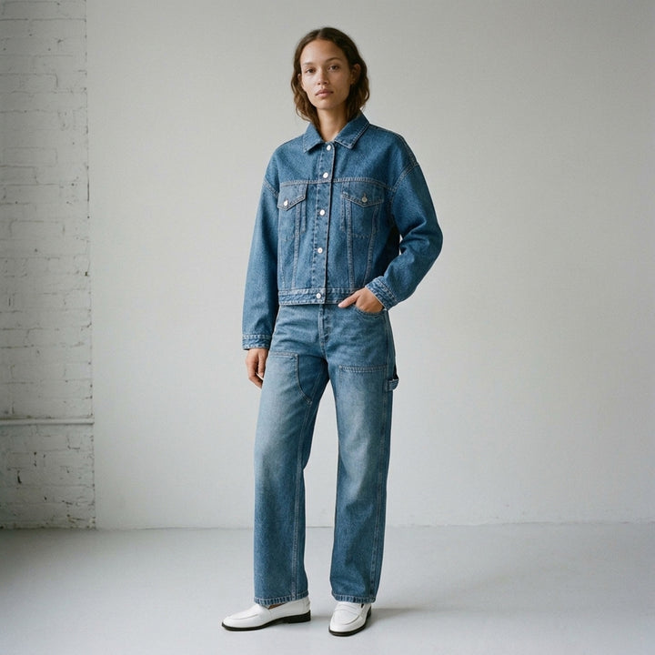 rag & bone Miramar Mallow Trucker Jacket in washed black denim with silver snap buttons, twin chest pockets, and contrast topstitching, shown flat on a white background - lifestyle