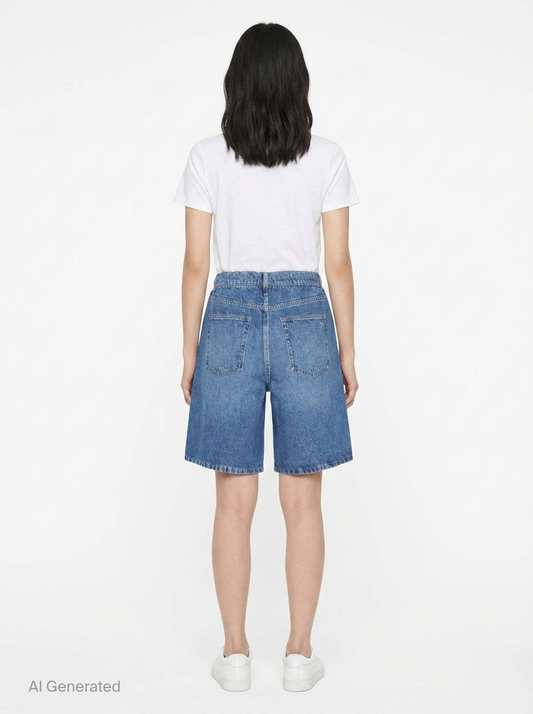 rag & bone Miramar Pull On McKenna Shorts in mid-blue washed denim with a relaxed bermuda silhouette, elasticated pull-on waistband, and five-pocket detailing - back