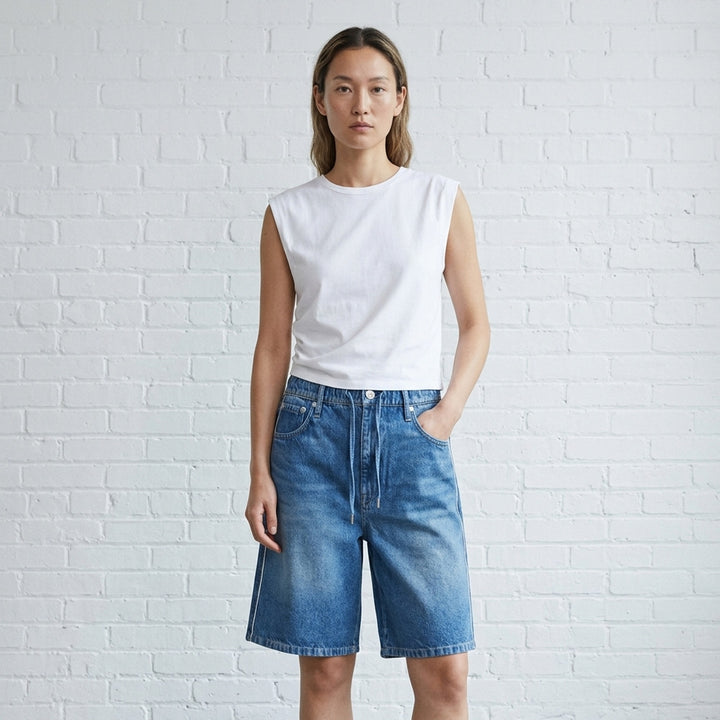 rag & bone Miramar Pull On McKenna Shorts in mid-blue washed denim with a relaxed bermuda silhouette, elasticated pull-on waistband, and five-pocket detailing - lifestyle