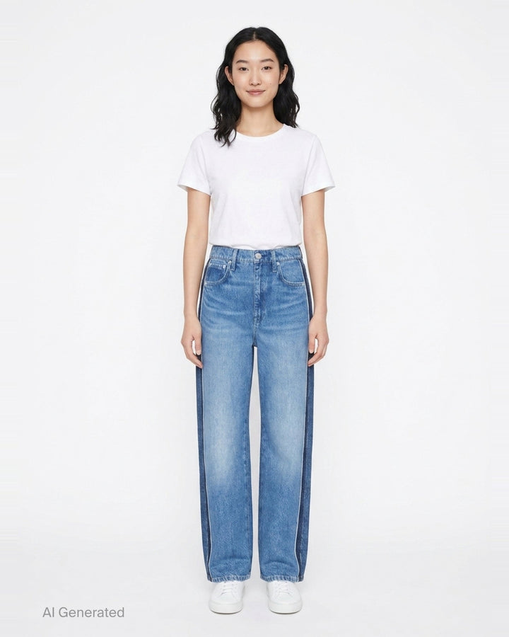 rag & bone Miramar wide-leg jeans in medium blue wash with raw fray detailing along both side seams, five-pocket styling and silver-tone hardware - front