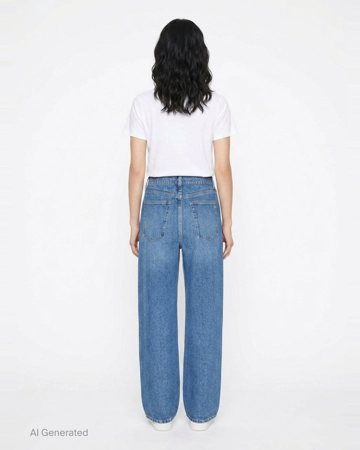 rag & bone Miramar wide-leg jeans in medium blue wash with raw fray detailing along both side seams, five-pocket styling and silver-tone hardware - back