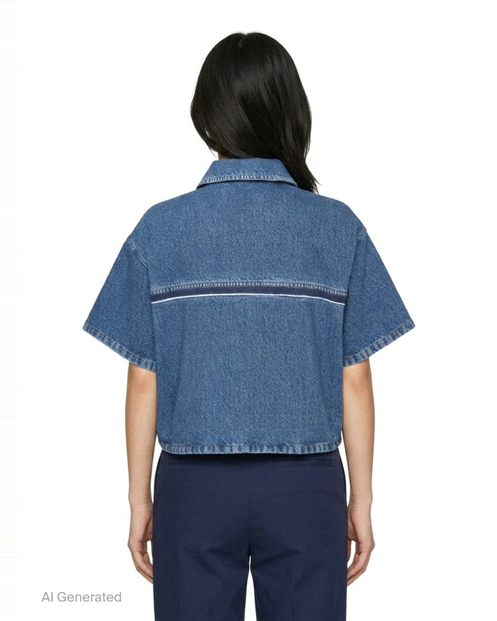 rag & bone Miramar Side Fray Polo Shirt in medium-wash denim with snap-button placket, contrast piping along the shoulder seams, raw fray detailing, and a drawstring cropped hem - back