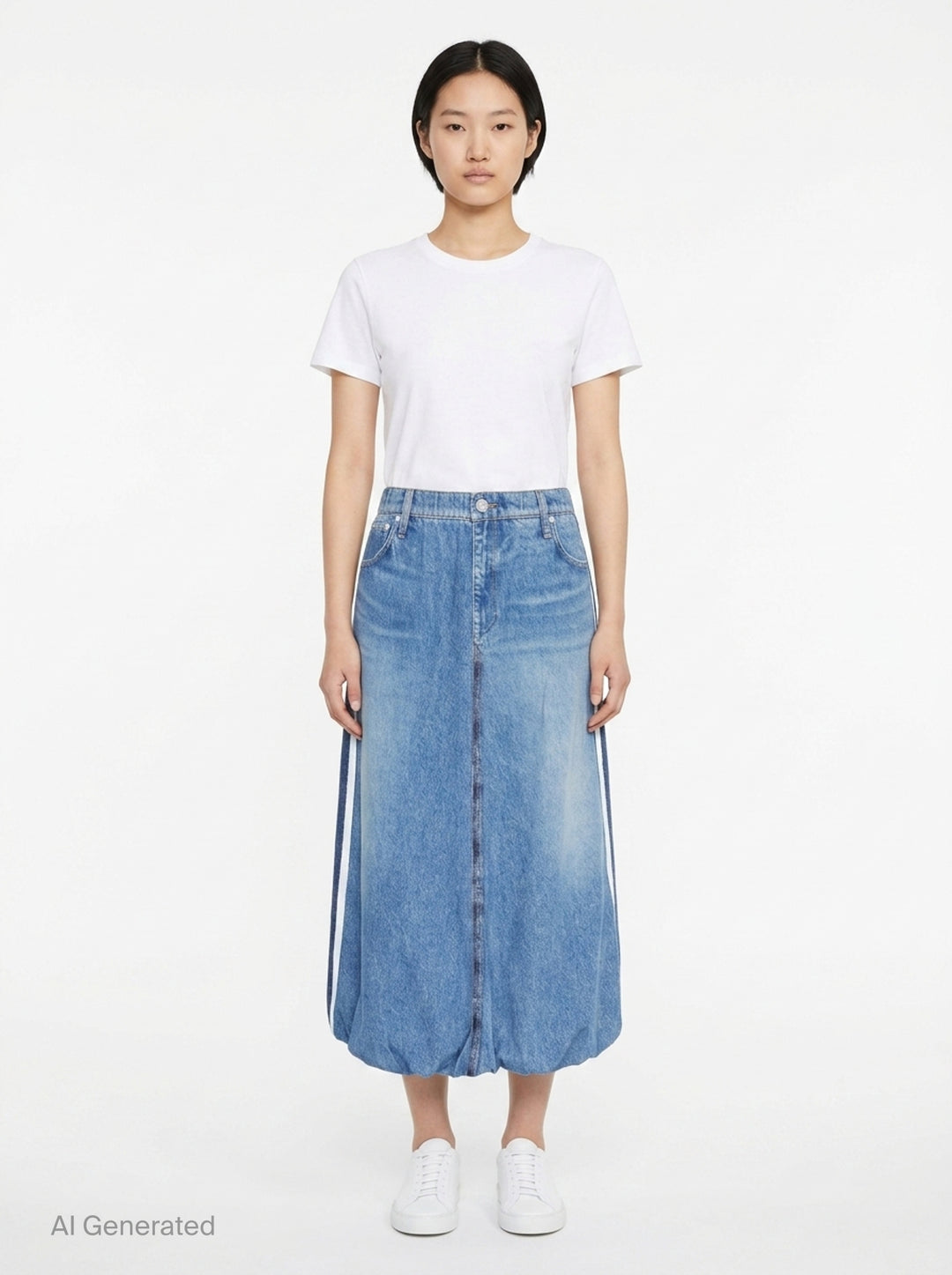 rag & bone Miramar Terry Bubble Skirt in light wash blue denim, featuring a front centre seam, bubble hem, and five-pocket construction - front