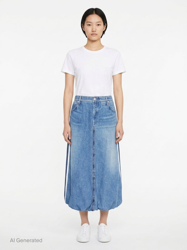 rag & bone Miramar Terry Bubble Skirt in light wash blue denim, featuring a front centre seam, bubble hem, and five-pocket construction - front