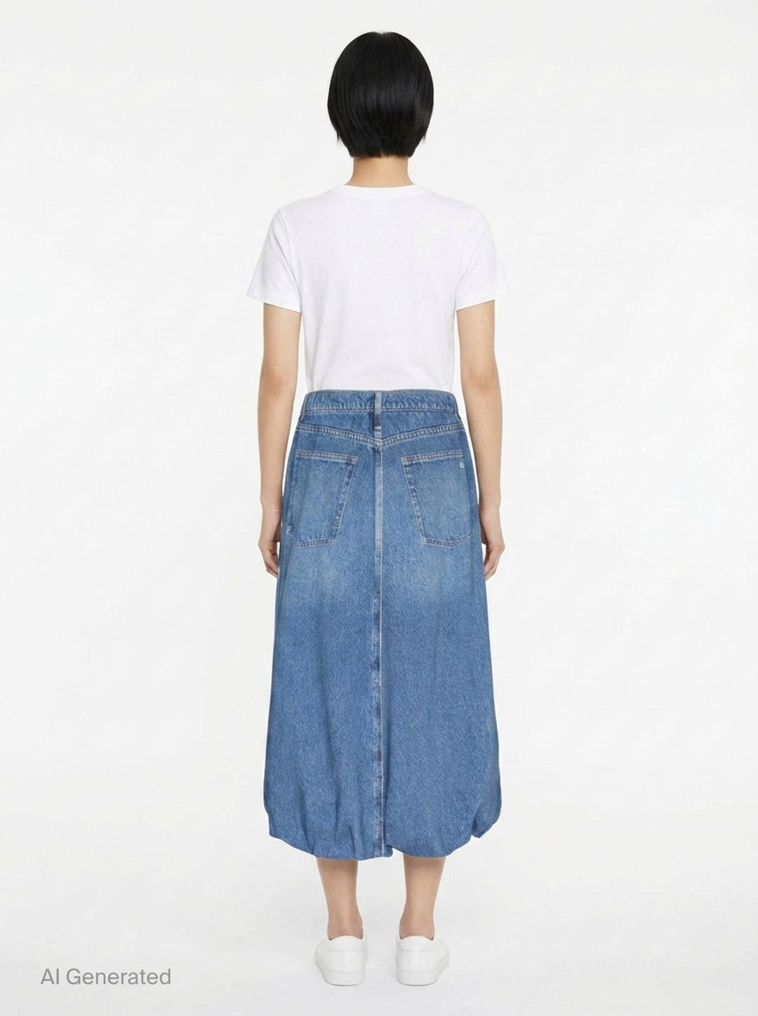 rag & bone Miramar Terry Bubble Skirt in light wash blue denim, featuring a front centre seam, bubble hem, and five-pocket construction - back