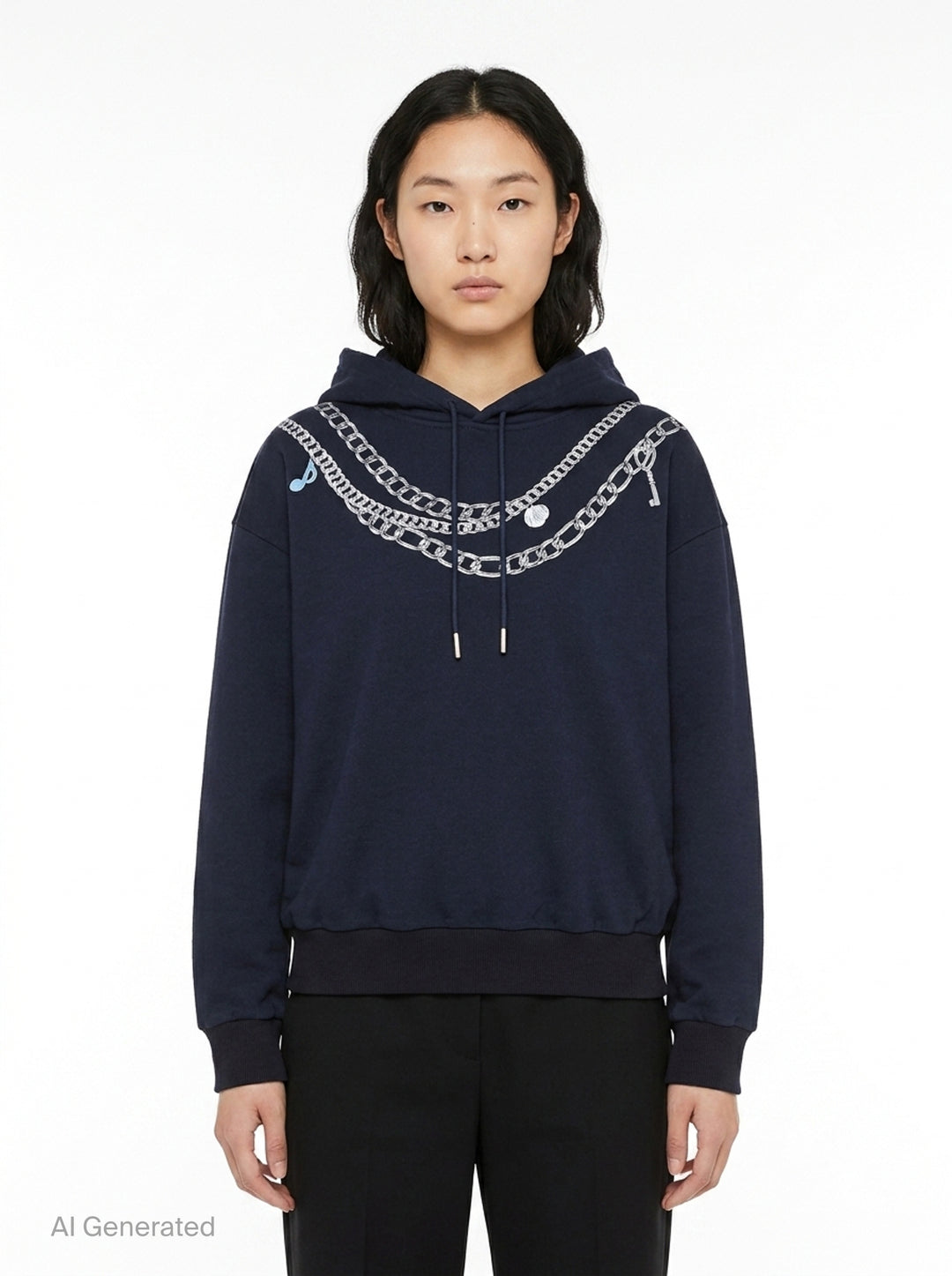 rag & bone Miramar Terry Charms Hoodie in navy, featuring a trompe-l'œil silver chain-link necklace graphic print across the chest with charm and key-pendant details, drawstring hood, and kangaroo pocket - front