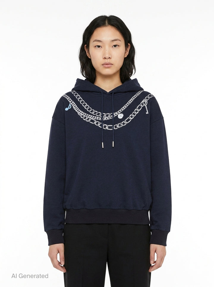 rag & bone Miramar Terry Charms Hoodie in navy, featuring a trompe-l'œil silver chain-link necklace graphic print across the chest with charm and key-pendant details, drawstring hood, and kangaroo pocket - front