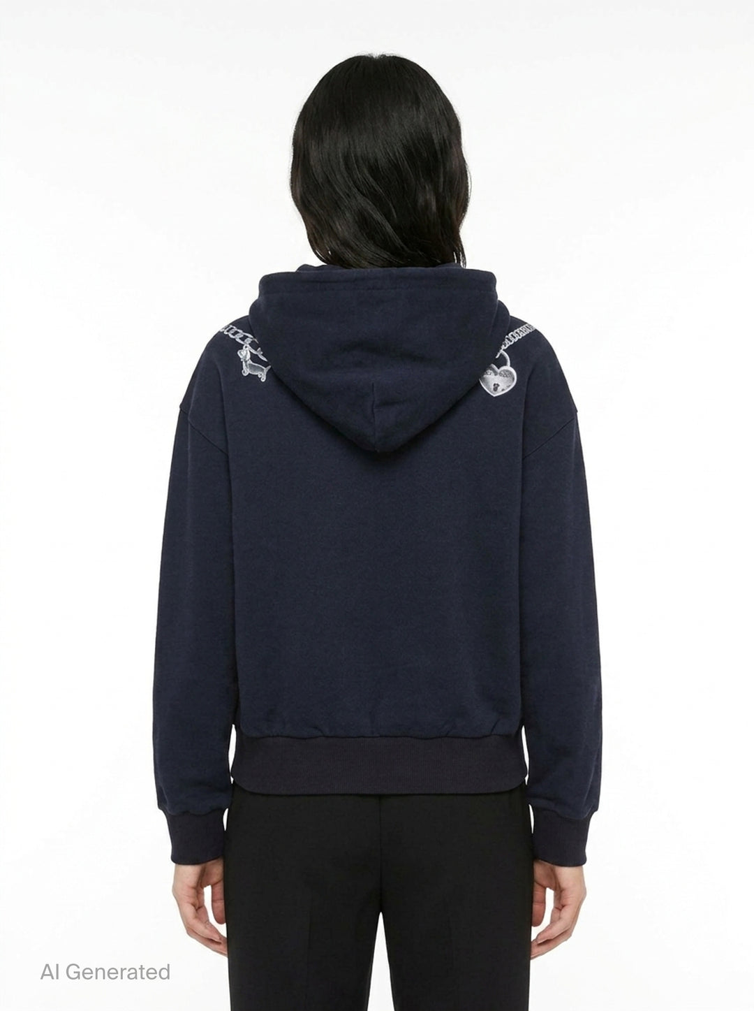 rag & bone Miramar Terry Charms Hoodie in navy, featuring a trompe-l'œil silver chain-link necklace graphic print across the chest with charm and key-pendant details, drawstring hood, and kangaroo pocket - back