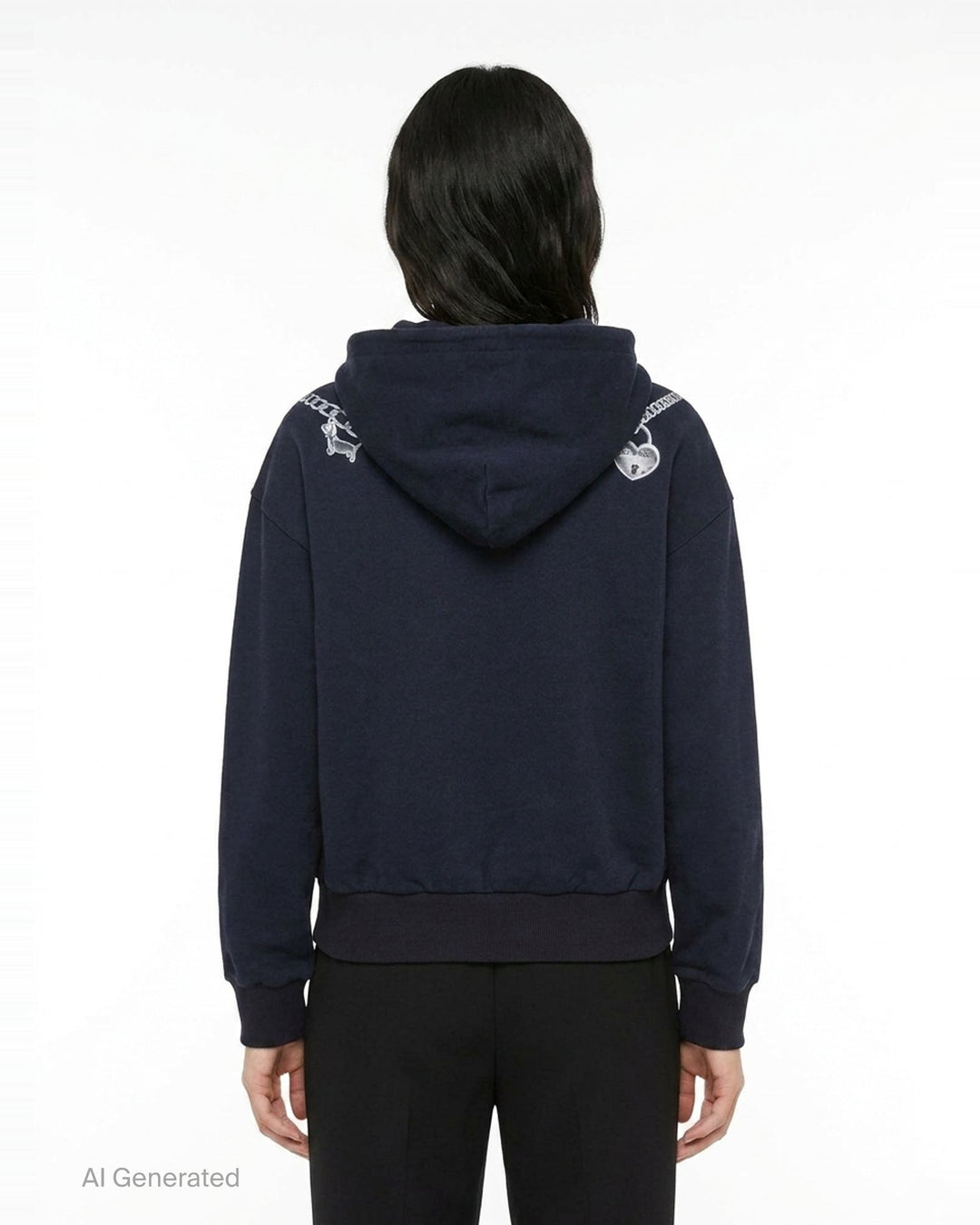rag & bone Miramar Terry Charms Hoodie in navy, featuring a trompe-l'œil silver chain-link necklace graphic print across the chest with charm and key-pendant details, drawstring hood, and kangaroo pocket - back