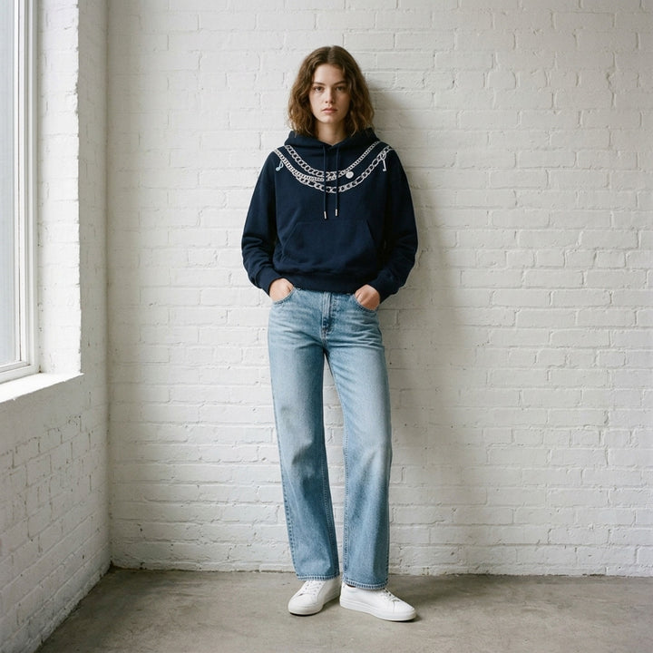 rag & bone Miramar Terry Charms Hoodie in navy, featuring a trompe-l'œil silver chain-link necklace graphic print across the chest with charm and key-pendant details, drawstring hood, and kangaroo pocket - lifestyle