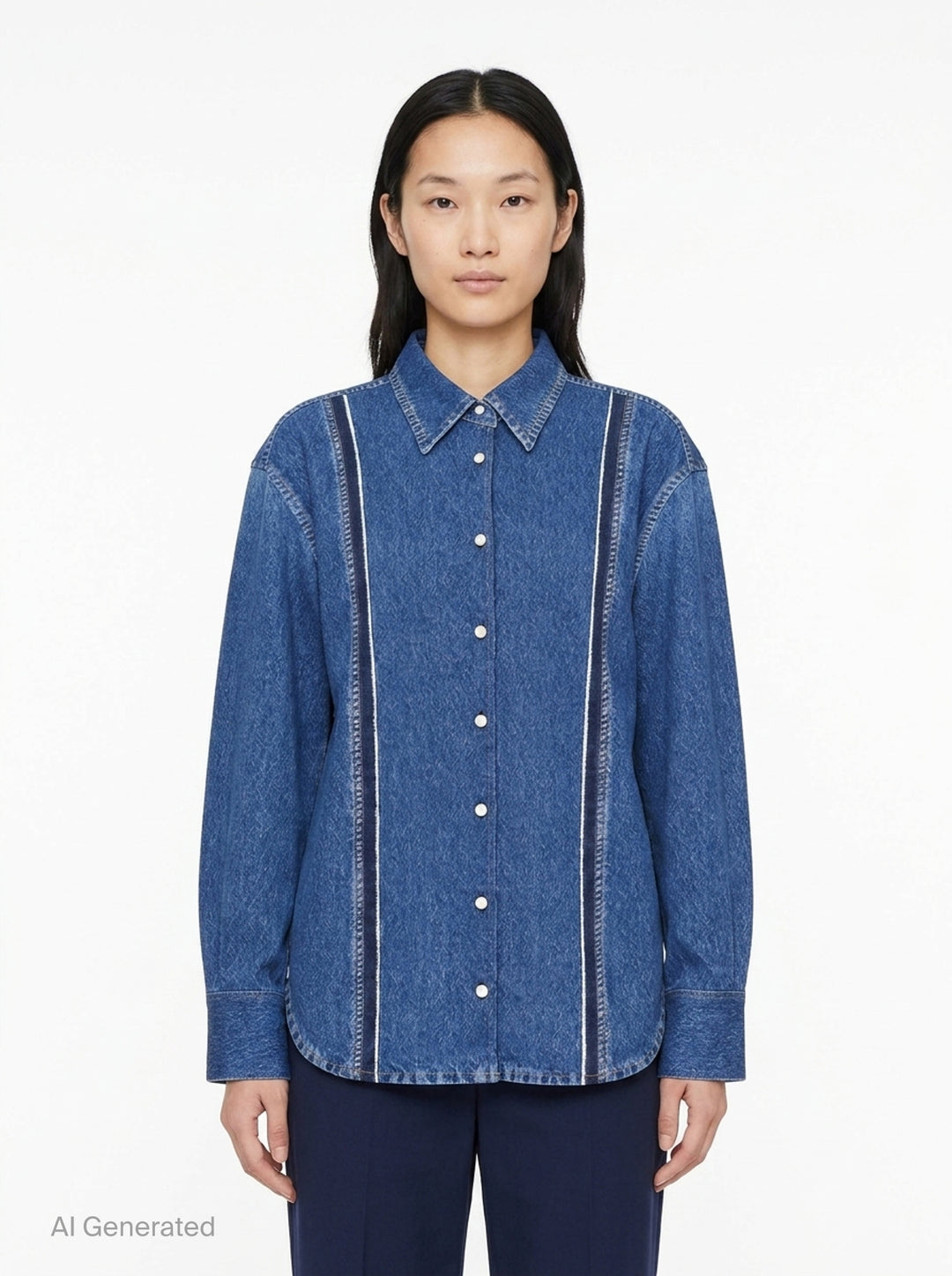 rag & bone Miramar Terry Denim Shirt in mid-blue wash with contrast vertical seam detailing, snap-button placket, point collar, and wide barrel cuffs — front view - front