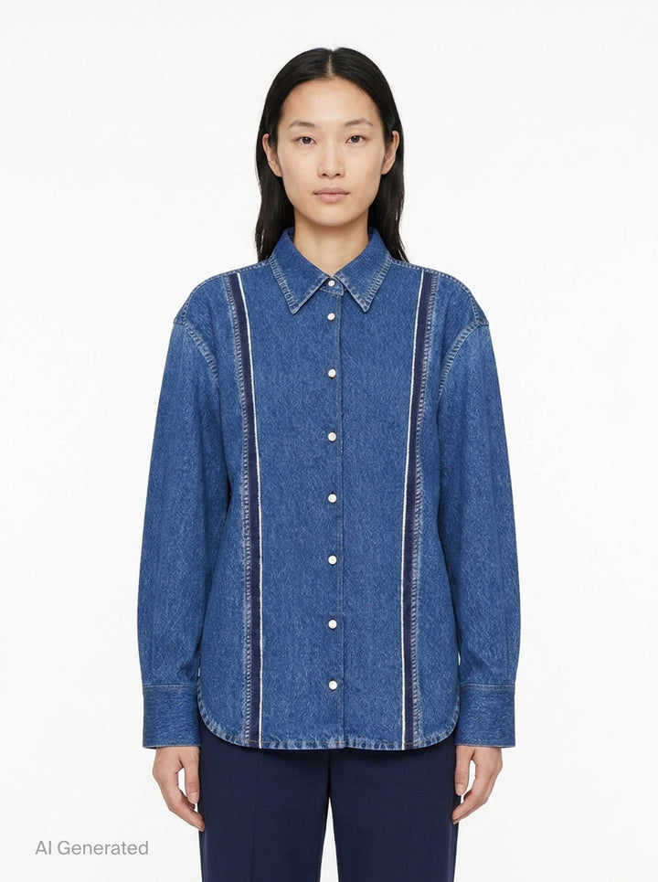 rag & bone Miramar Terry Denim Shirt in mid-blue wash with contrast vertical seam detailing, snap-button placket, point collar, and wide barrel cuffs — front view - front
