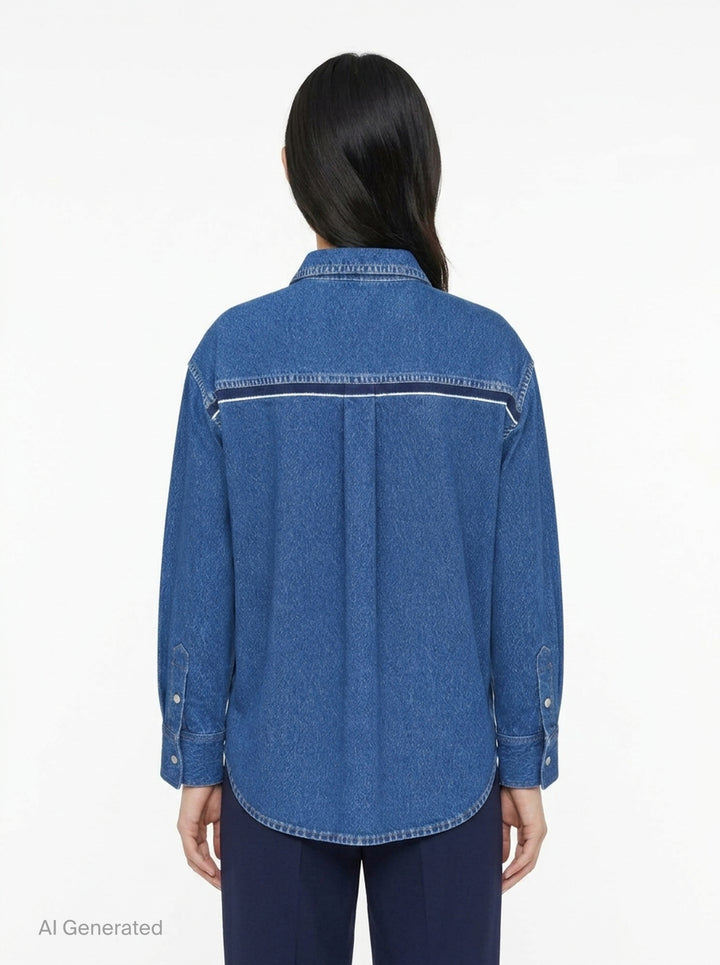 rag & bone Miramar Terry Denim Shirt in mid-blue wash with contrast vertical seam detailing, snap-button placket, point collar, and wide barrel cuffs — front view - back
