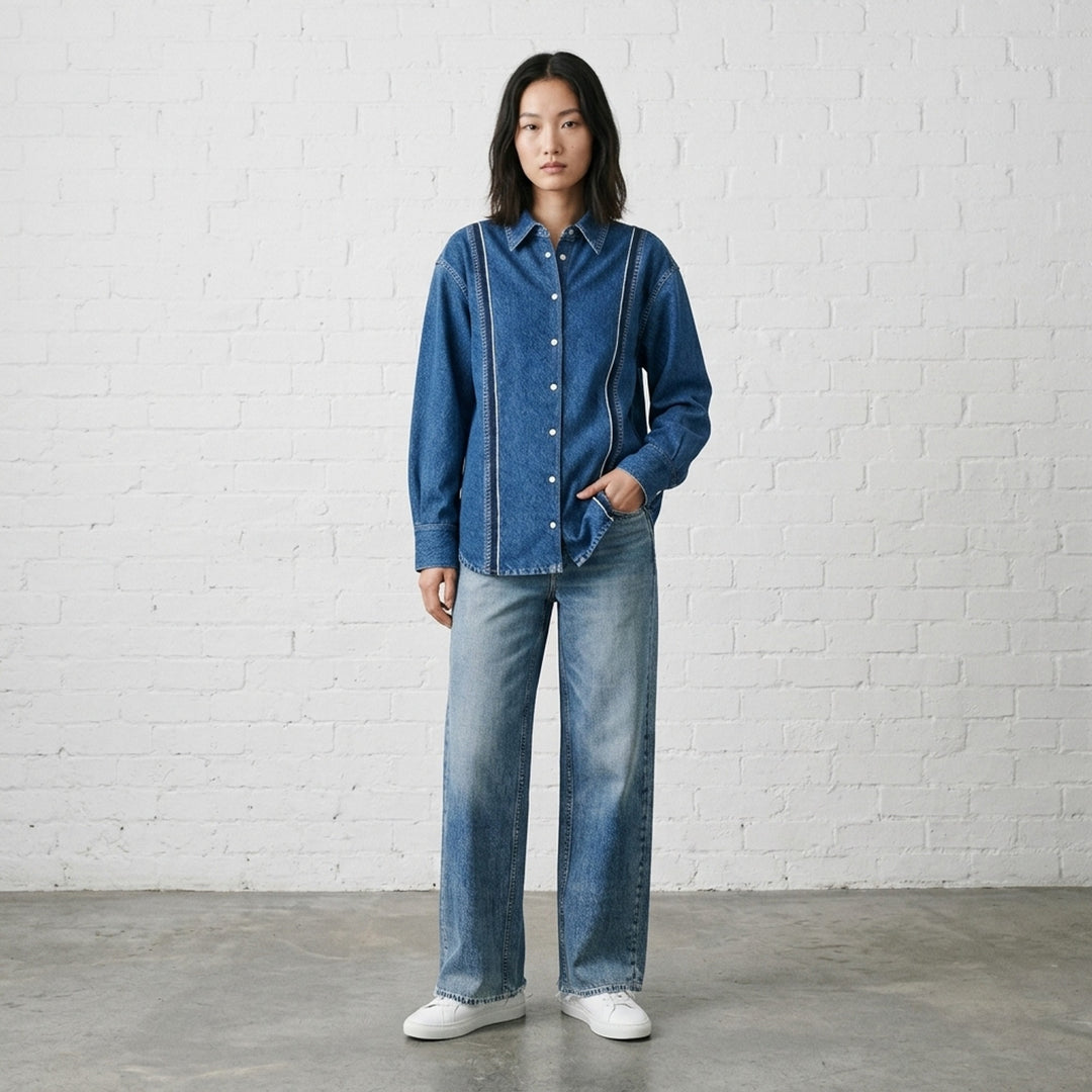 rag & bone Miramar Terry Denim Shirt in mid-blue wash with contrast vertical seam detailing, snap-button placket, point collar, and wide barrel cuffs — front view - lifestyle