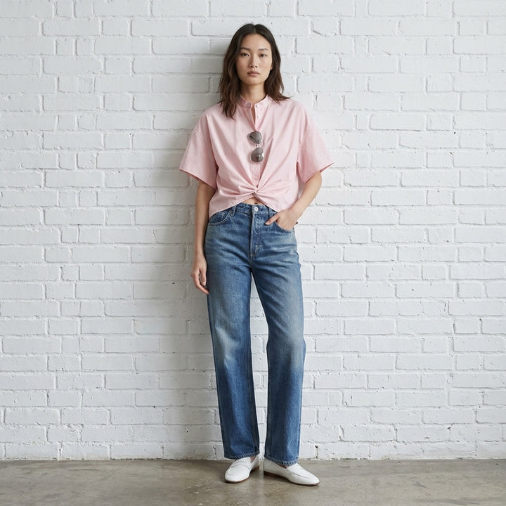 rag & bone Miramar Terry Shea straight-leg ankle jeans in faded indigo denim, front view - lifestyle