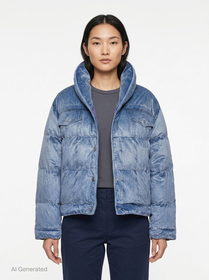 rag & bone Miramar Velvet Angie Crop Puffer in light blue denim-print velvet, featuring an oversized hood, horizontal quilted baffling, snap-button closure, and dual chest patch pockets - front