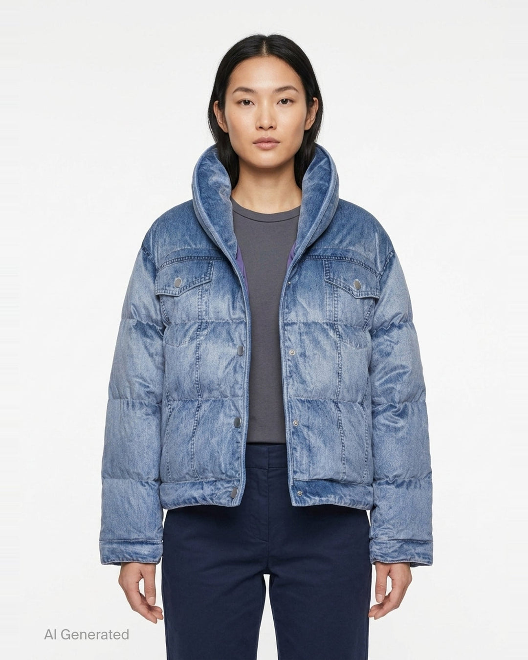 rag & bone Miramar Velvet Angie Crop Puffer in light blue denim-print velvet, featuring an oversized hood, horizontal quilted baffling, snap-button closure, and dual chest patch pockets - front