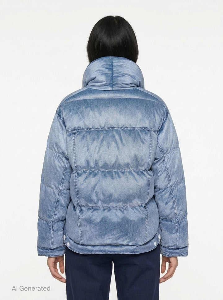 rag & bone Miramar Velvet Angie Crop Puffer in light blue denim-print velvet, featuring an oversized hood, horizontal quilted baffling, snap-button closure, and dual chest patch pockets - back