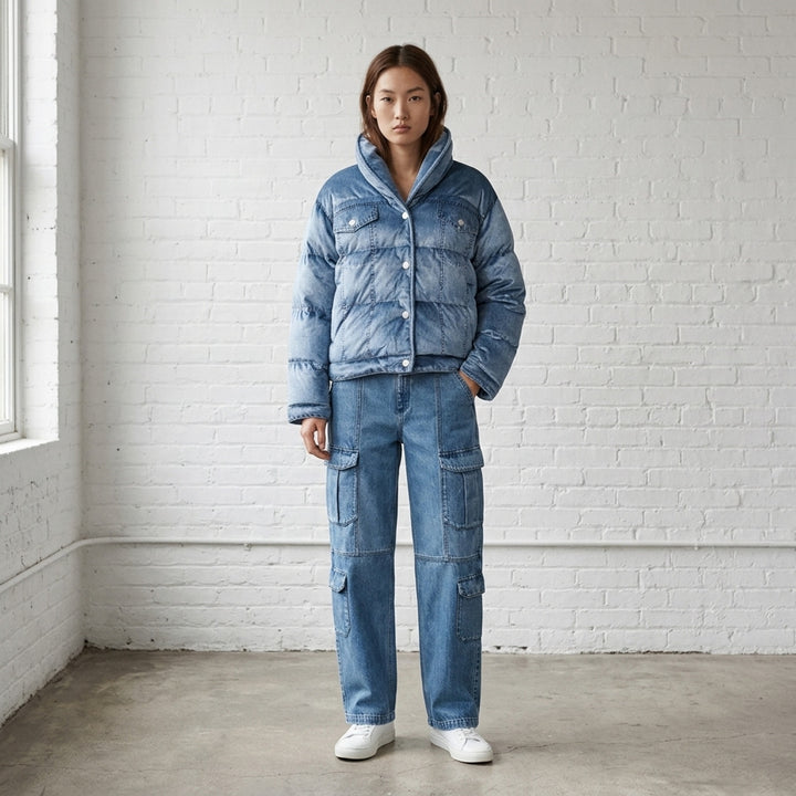 rag & bone Miramar Velvet Angie Crop Puffer in light blue denim-print velvet, featuring an oversized hood, horizontal quilted baffling, snap-button closure, and dual chest patch pockets - lifestyle