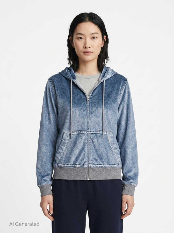 rag & bone Miramar Velvet Zip Hoodie in blue denim-look velvet with drawstring hood, full-length zip, and kangaroo front pocket - front