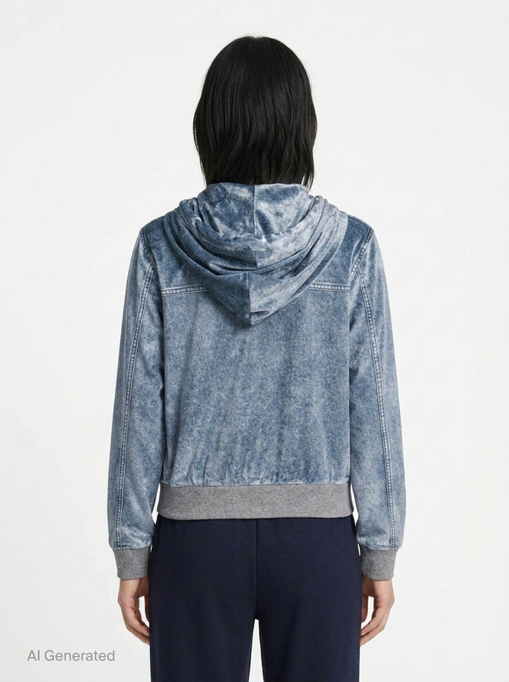 rag & bone Miramar Velvet Zip Hoodie in blue denim-look velvet with drawstring hood, full-length zip, and kangaroo front pocket - back