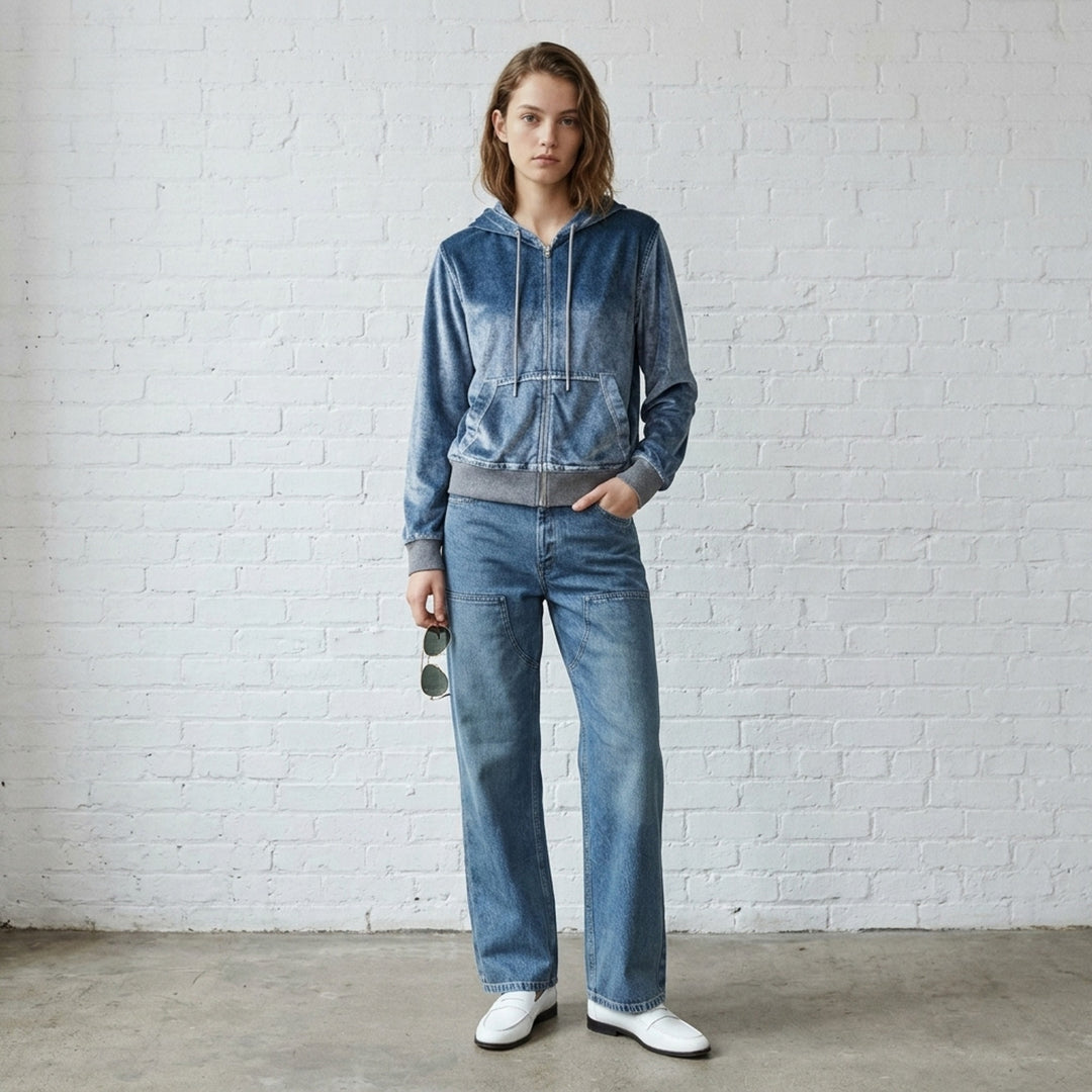 rag & bone Miramar Velvet Zip Hoodie in blue denim-look velvet with drawstring hood, full-length zip, and kangaroo front pocket - lifestyle