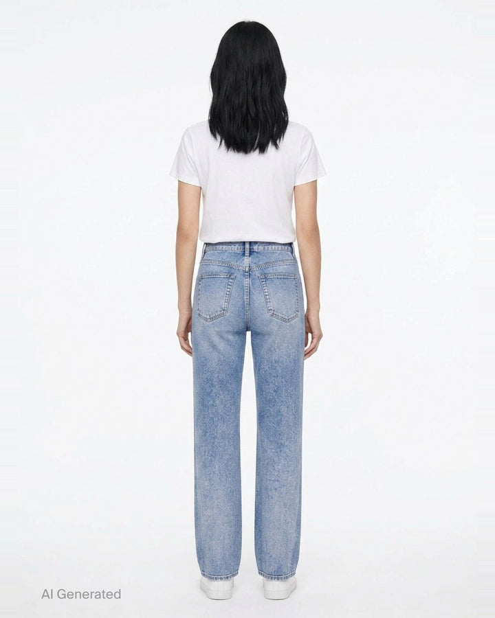 rag & bone Miramar wide leg jeans in light blue wash, shown flat with high-rise waist, five-pocket styling, and a gently flared hem - back