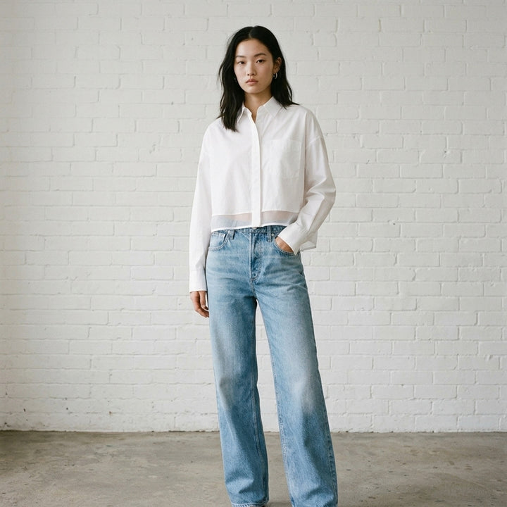 rag & bone Miramar Wide Pull-On Jeans in light indigo wash, featuring a relaxed wide-leg silhouette, pull-on waistband, and five-pocket construction with vintage sun-bleached fading - lifestyle
