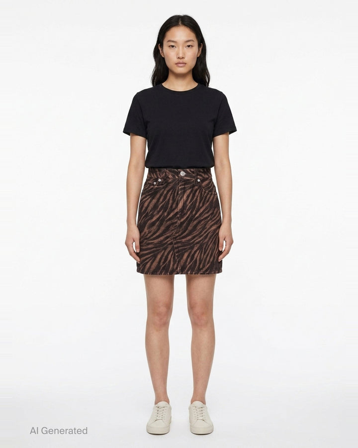 rag & bone Miramar Zebra Mini Skirt in brown and black animal print denim with high waist, silver-tone hardware, and five-pocket styling - front