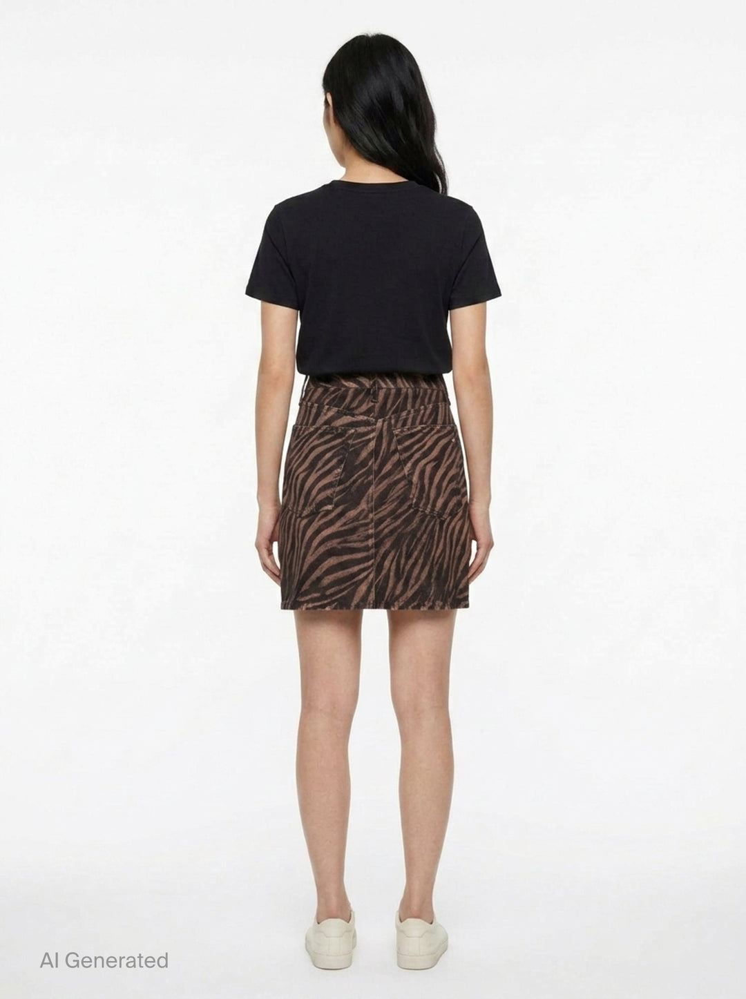 rag & bone Miramar Zebra Mini Skirt in brown and black animal print denim with high waist, silver-tone hardware, and five-pocket styling - back