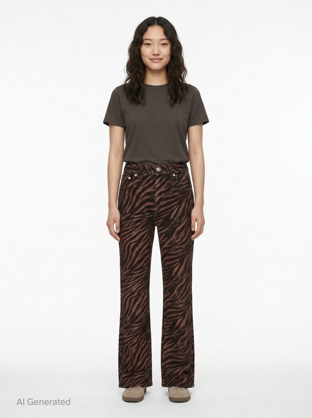 rag & bone Miramar ankle pants in brown and black zebra print ponte fabric with a flared hem and silver-tone hardware, front view - front