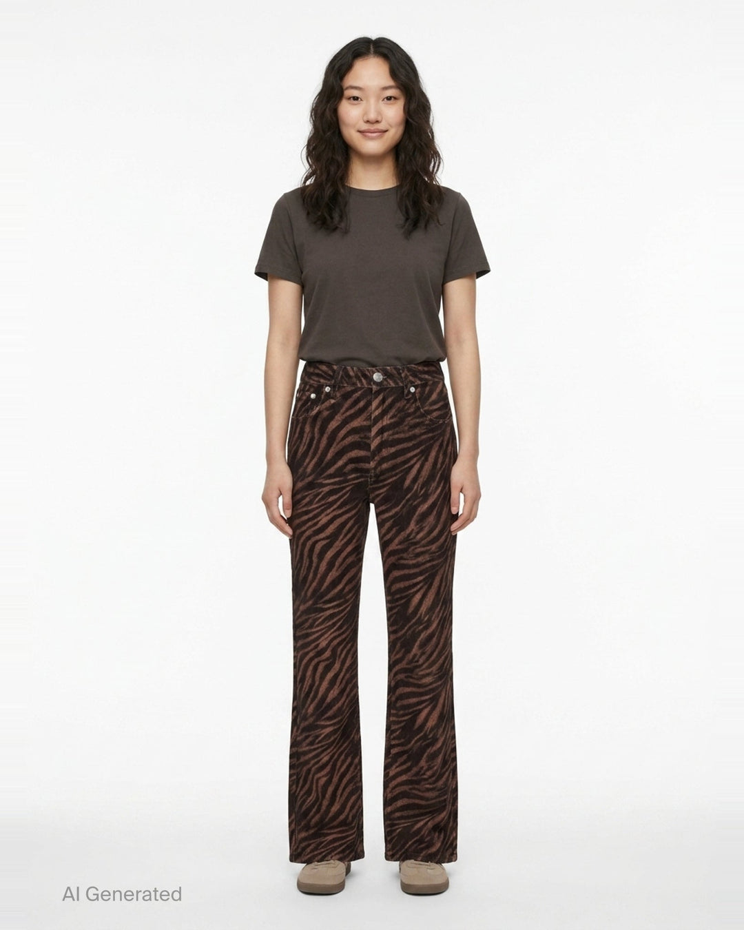 rag & bone Miramar ankle pants in brown and black zebra print ponte fabric with a flared hem and silver-tone hardware, front view - front