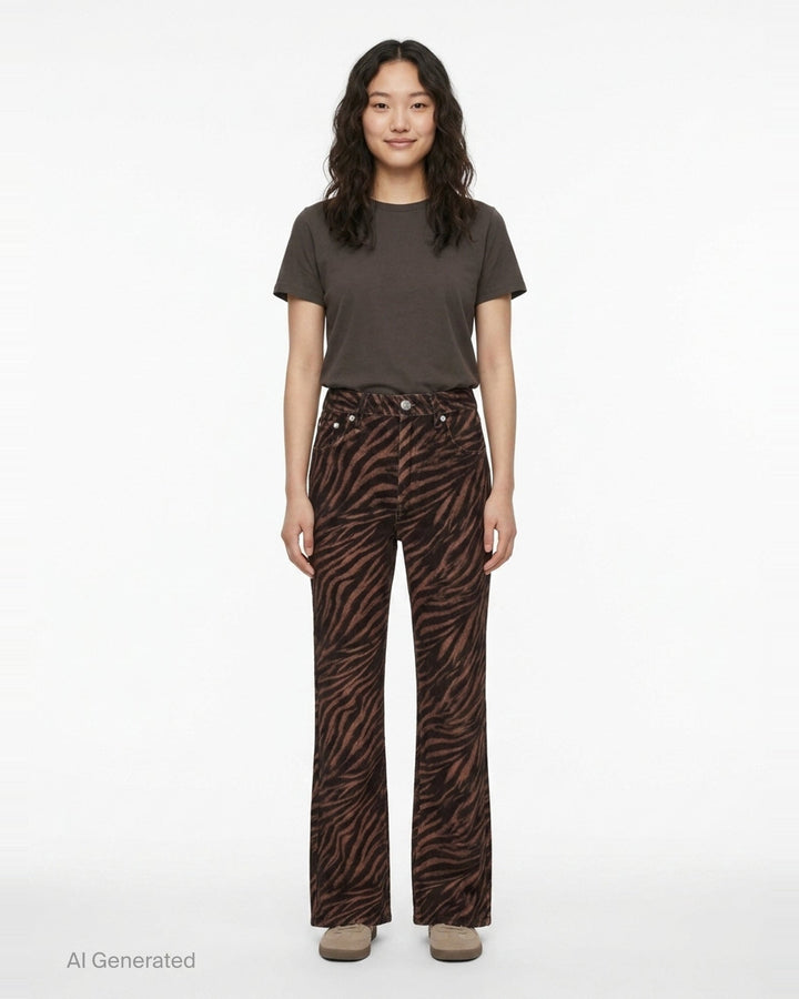rag & bone Miramar ankle pants in brown and black zebra print ponte fabric with a flared hem and silver-tone hardware, front view - front