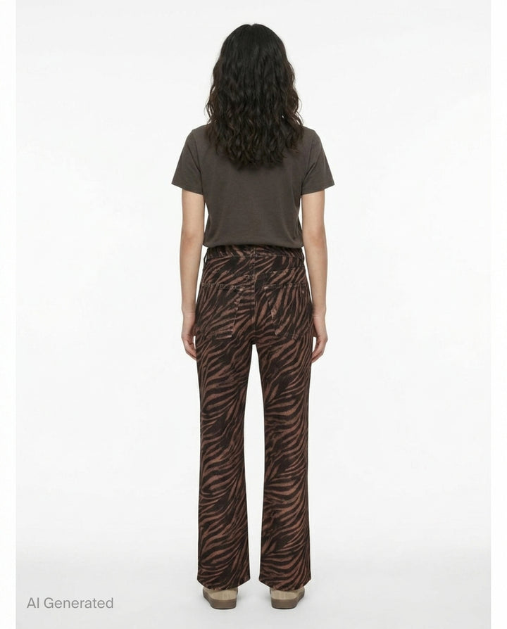rag & bone Miramar ankle pants in brown and black zebra print ponte fabric with a flared hem and silver-tone hardware, front view - back