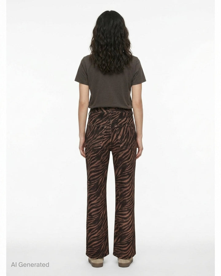 rag & bone Miramar ankle pants in brown and black zebra print ponte fabric with a flared hem and silver-tone hardware, front view - back