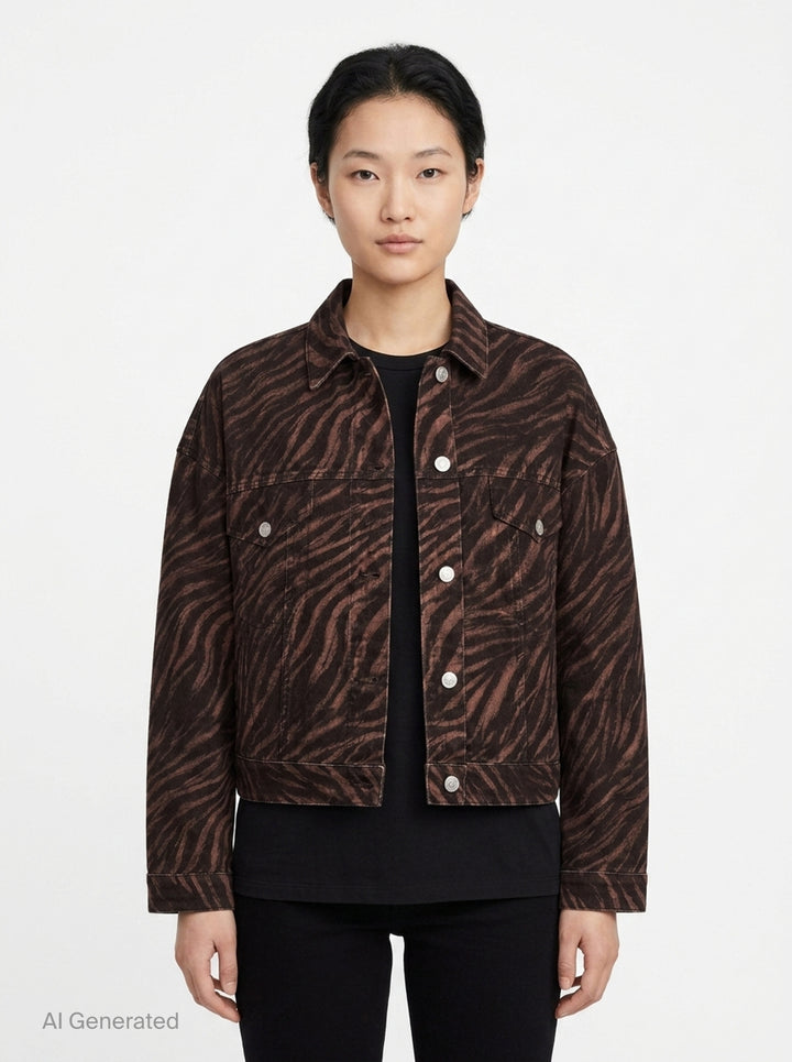 rag & bone Miramar Ponte Zebra Trucker Jacket in tonal brown and black zebra print with silver snap-button closures and dual chest pockets, front view on white background - front