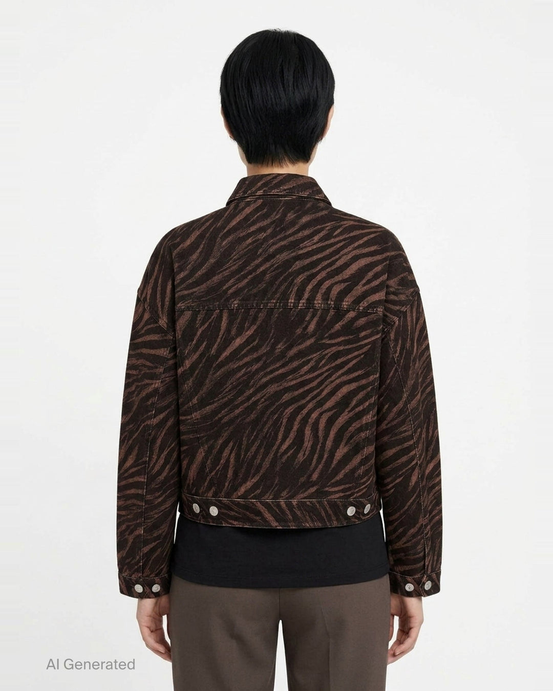 rag & bone Miramar Ponte Zebra Trucker Jacket in tonal brown and black zebra print with silver snap-button closures and dual chest pockets, front view on white background - back