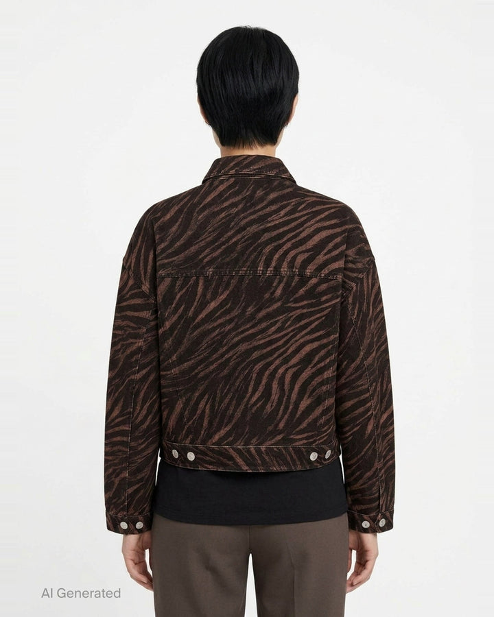 rag & bone Miramar Ponte Zebra Trucker Jacket in tonal brown and black zebra print with silver snap-button closures and dual chest pockets, front view on white background - back