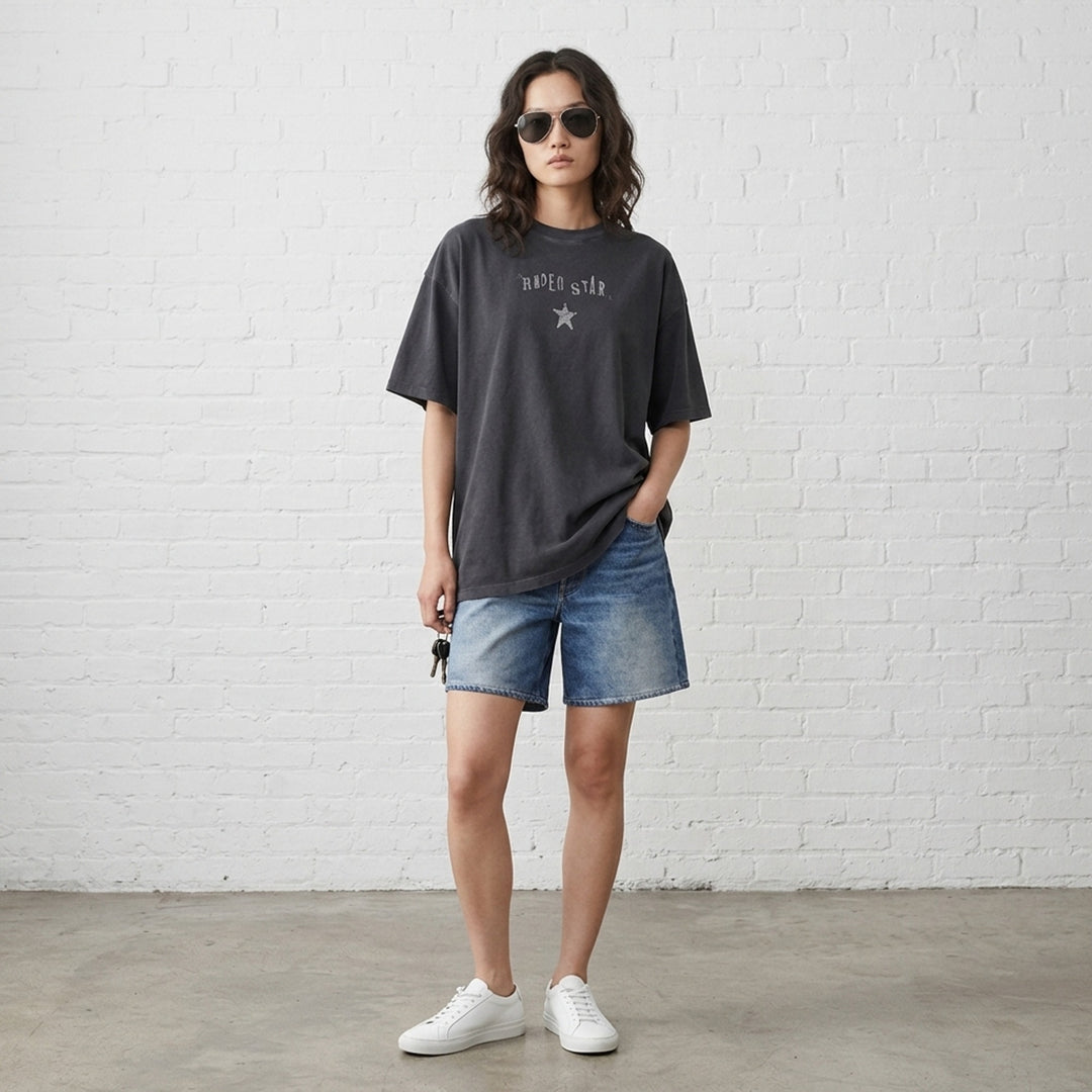 rag & bone Rodeo Star Alex Tee in washed black with distressed Rodeo Star lettering and star graphic on the chest - lifestyle
